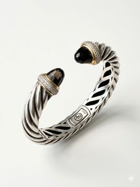 David Yurman Silver & Gold 15mm Waverly Smoky Quartz Diamond Cuff Bracelet